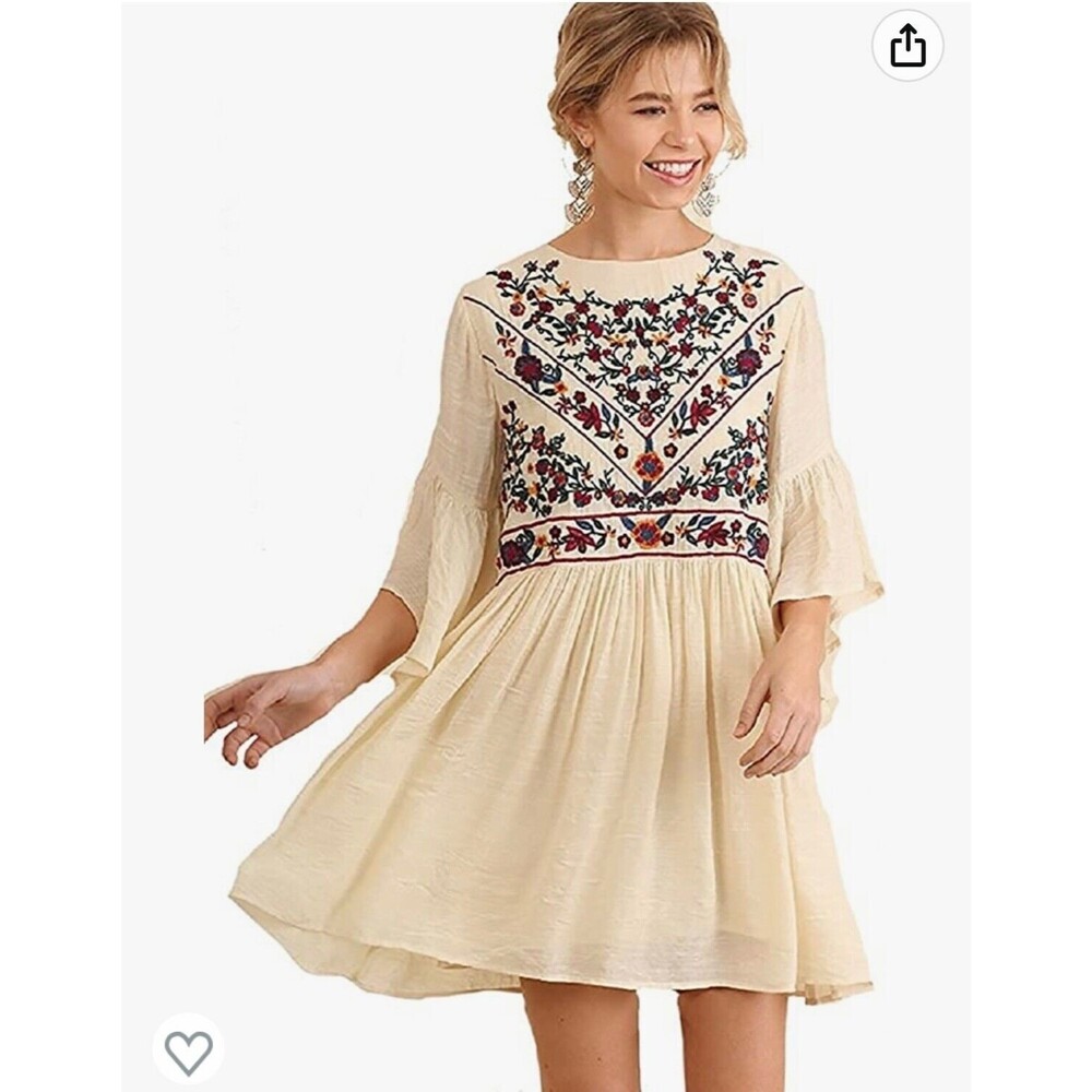 Umgee Boho Bliss Ivory Floral Embroidered Ruffle 3/4 Sleeve Dress NWT - M (A8)